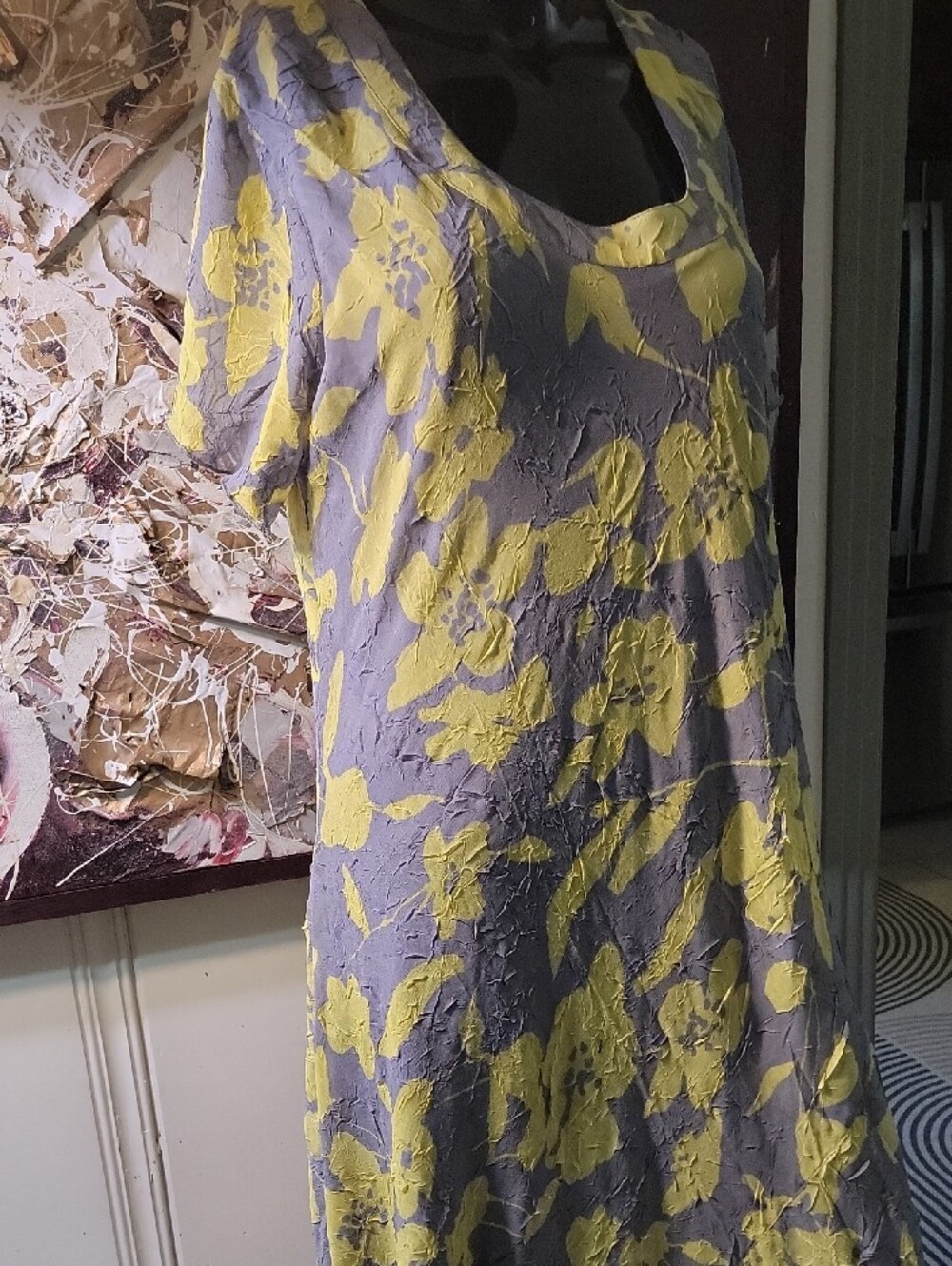 Parsley & Sage Gray Tea Length Dress with Yellow Floral Print - Picture 2 of 5